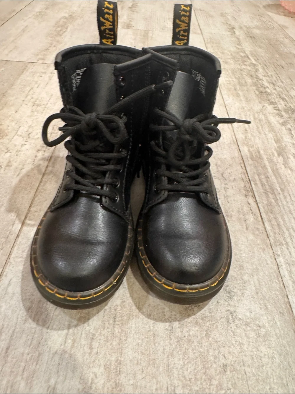 Dr. Martens Black Leather Kids Lace-Up Boots with Yellow Stitching
